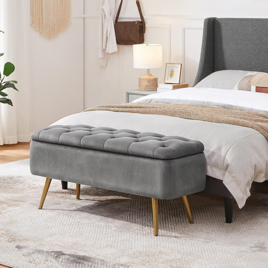 43in Velvet Storage Ottoman Bench End of Bed, Gray | Button-Tufted Ottoman Bench with 1.9C Storage Space, Tapered
