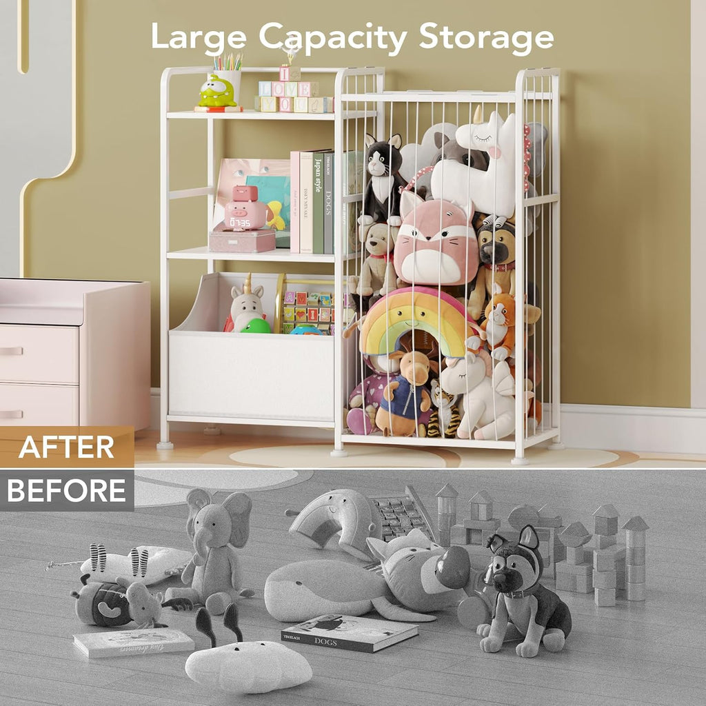 Kids Bookshelf and Toy Storage Organizer, Stuffed Animal Storage Holder with Fabric Toy Chest, 2-Tier Toddler Book