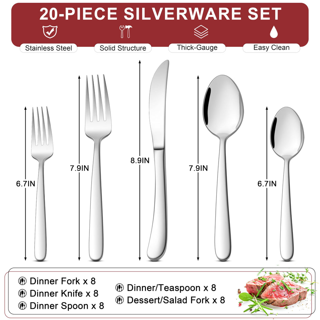 Heavy Duty Silverware Set for 4, 20-Piece Stainless Steel Flatware