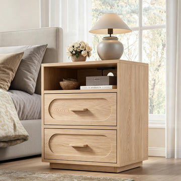 Nightstand with Charging Station, Modern End Table with 2 Drawers Storage, Space-Saving Wood Storage Cabinet with