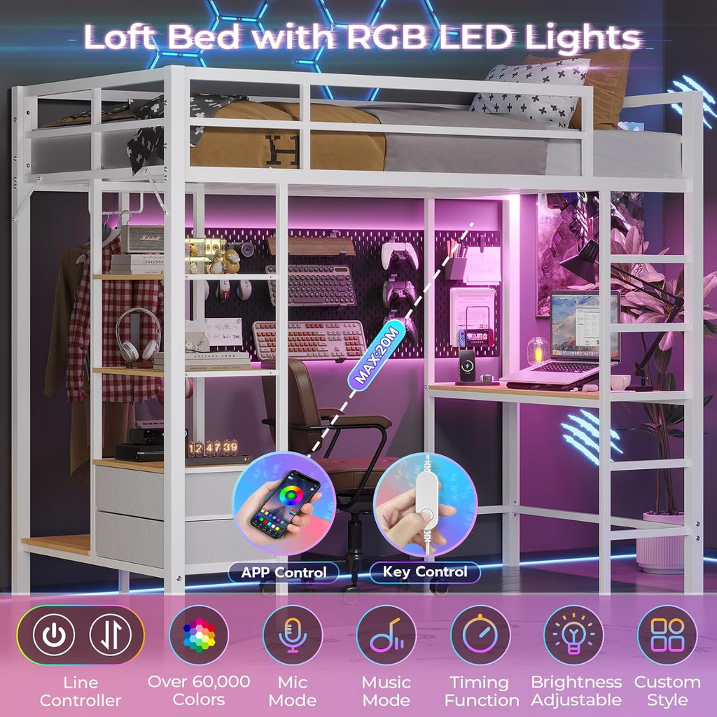 Loft Bed Twin with Desk and Charging Station Metal Loft Bed with Led Lights,Storage Shelves and Drawers Twin Bed with