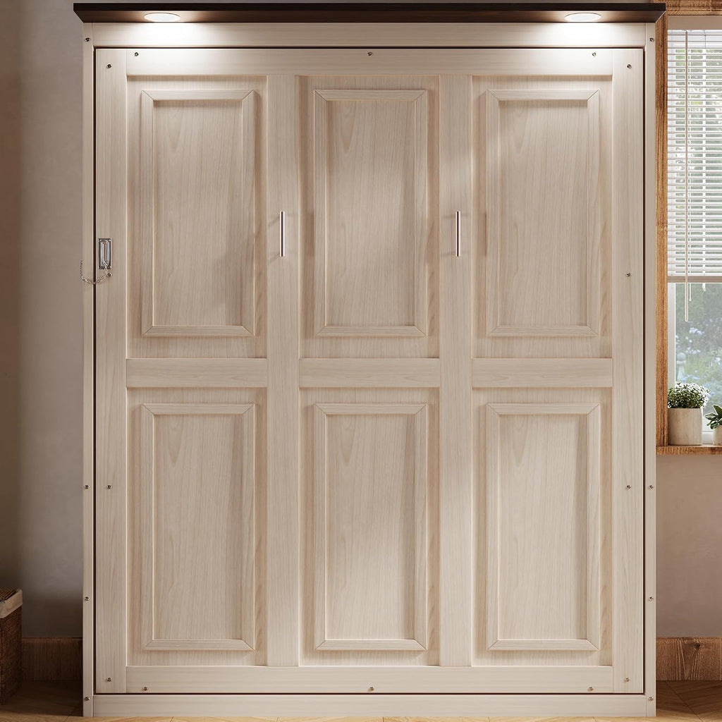 Murphy Bed with LED, Solid Wood Wall Bed, Converts to Cabinet for Space Saving, Queen, Beige