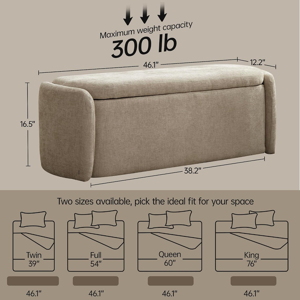Storage Bench, Upholstered Storage Ottoman Bench with Hinge, Khaki | Ottoman Bench with Large Capacity, Curved Frame