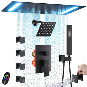 Dual Rain LED Shower System, 14"x20" Large Shower Head + 6" Wall Shower, 4 Body Jets with Individual On/Off &