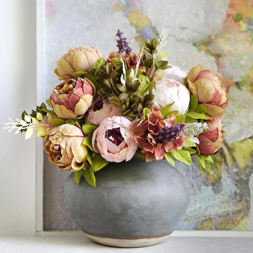 Artificial Peony Bouquets, 2 Silk Flower Bundles in Mixed Pale Pink & Tawny Brown with Hydrangeas for Wedding