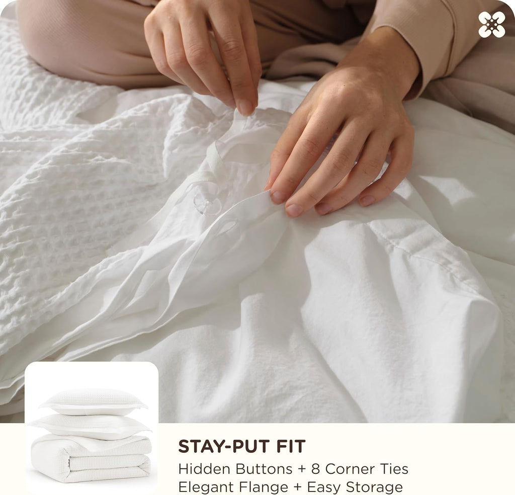 Cotton Duvet Cover - 100% Cotton Waffle Weave Coconut White Duvet Cover, PureWoven Breathable Bedding Set