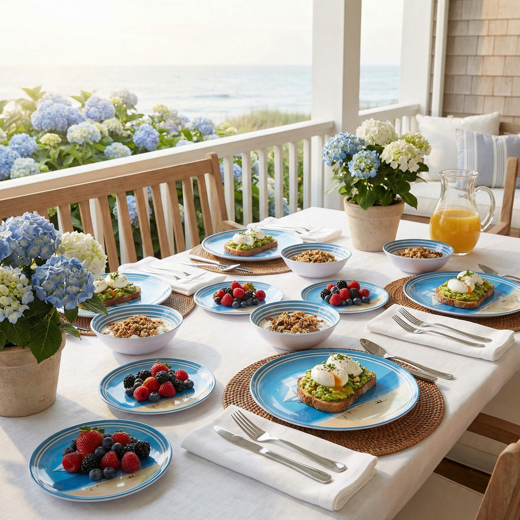 Outdoor Melamine Dinnerware Set for 4, 12-Piece Sailboat Plates and Bowls