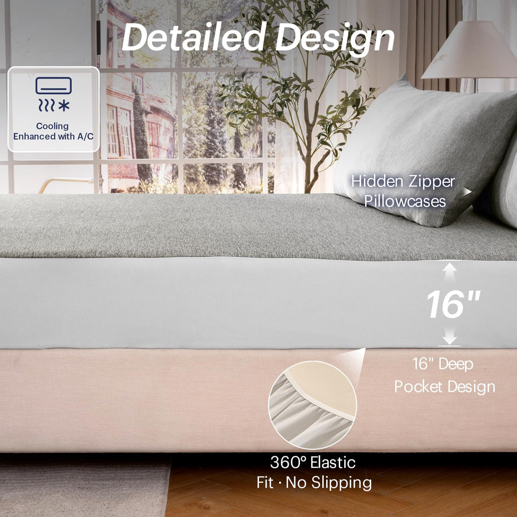 3PCS Cooling Sheet Set King Size, Breathable Bed Sheets, Grey