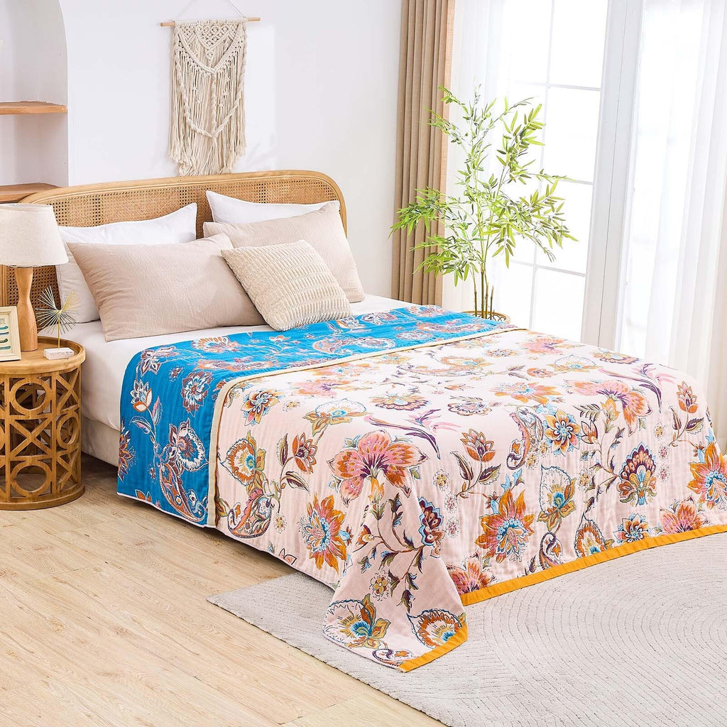 Boho Throw Blanket for Bed, 100% Cotton Soft Rustic Quilt Fall Blanket, 90"x98" Floral Printed Farmhouse Decor Bed