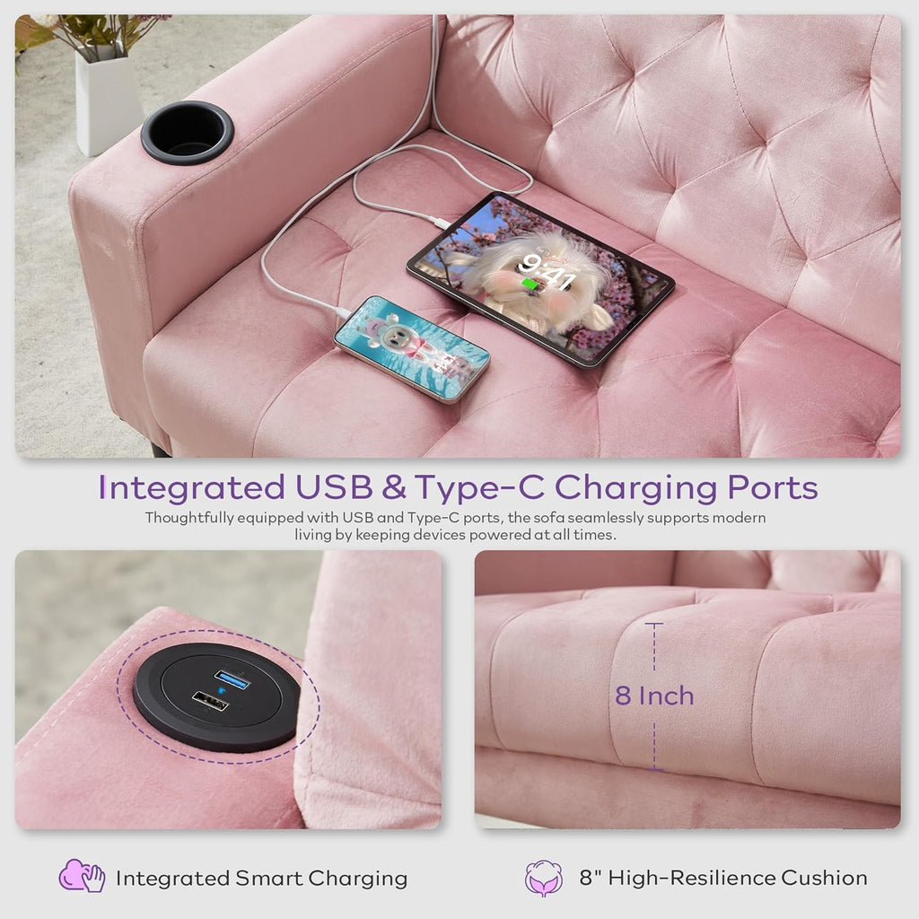 Mid-Century Modern Tufted Pink Velvet Loveseat Sofa Set w/ 2 USB & 2 Cupholders, 2 Piece Living Room Furniture Sets