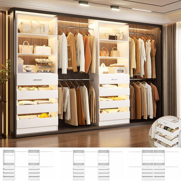 Closet System, 6-15Ft Closet Organizer with 8 Wooden Drawers, Wood Closet Organizer System with Tower, Walk-in Closet