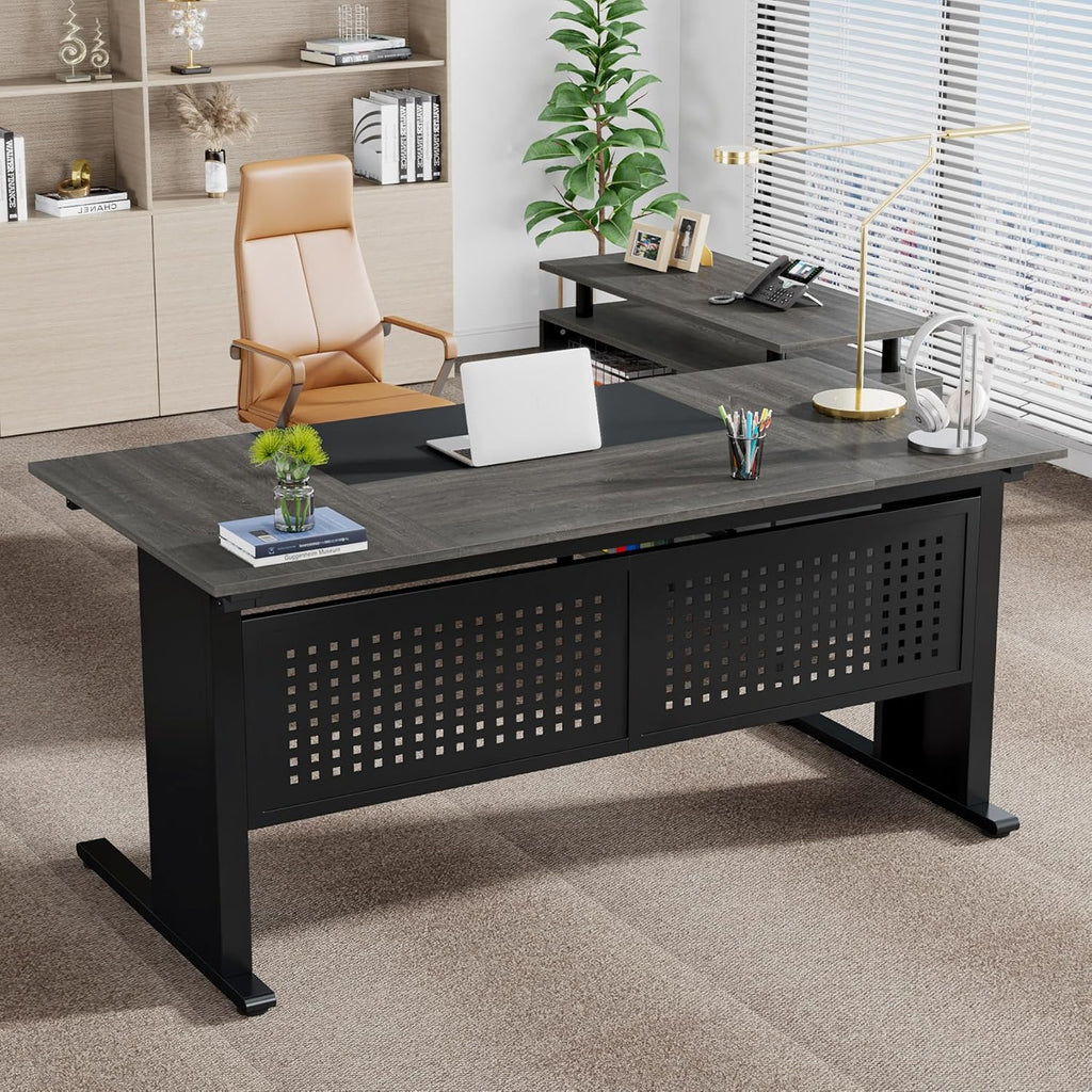 63 Inch Executive Desk with File Cabinet, L Shaped Office Desk with Drawers and Storage Shelves
