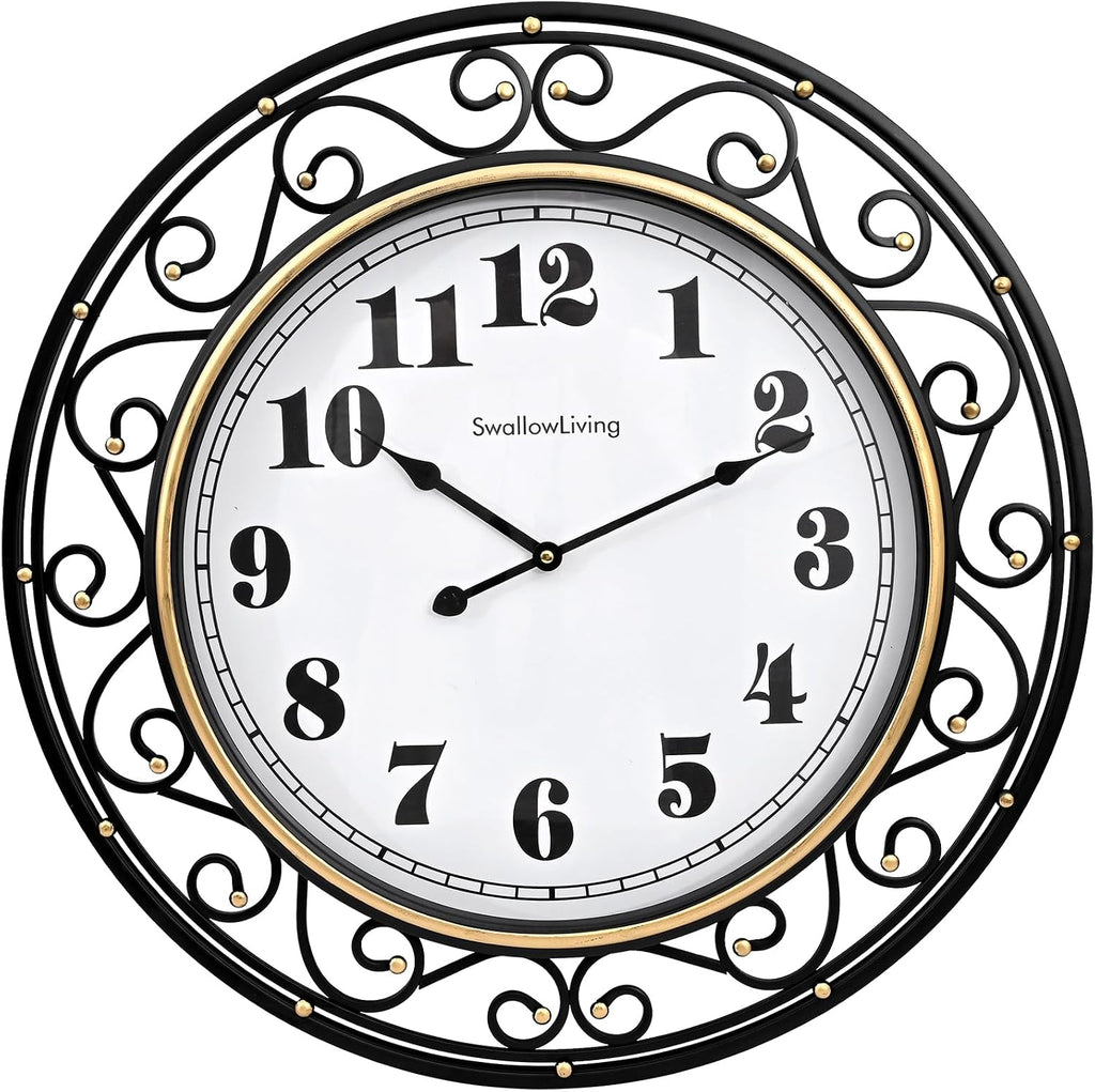24 Inch Vintage Iron Metal Frame Wall Clock Silent, Battery Operated, Elegant Retro Decor