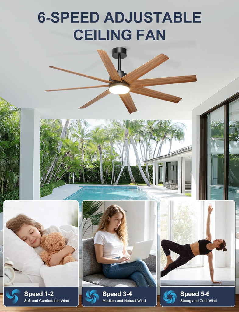 60'' Ceiling Fan with Light - 8 Blades Modern Farmhouse Ceiling Fan Remote/APP Control, Dimmable
