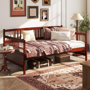 Twin Daybed Frame, Wooden Sofa Bed Guest Bed with Rails & Wood Slat Support, Dual-use Twin Size Platform Bed Frame
