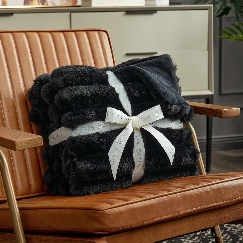 Faux Fur Throw Blanket, Cozy Warm Plush Striped Blanket, 50 * 60 Inches Black
