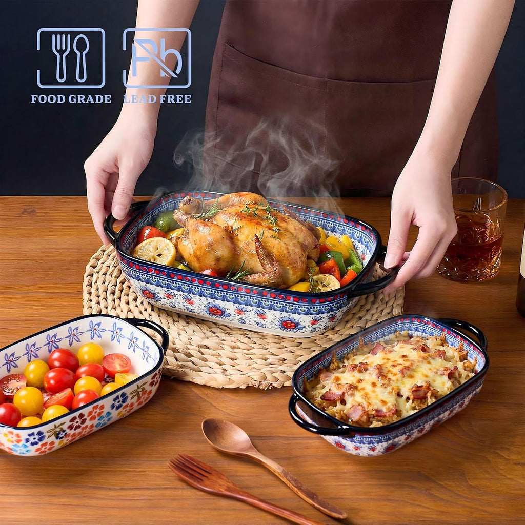 Ceramic Casserole Dishes for Oven, Hand-painted Polish Pottery Dish Set of 2, 0.8QT / 2QT Porcelain Casserole Dishes