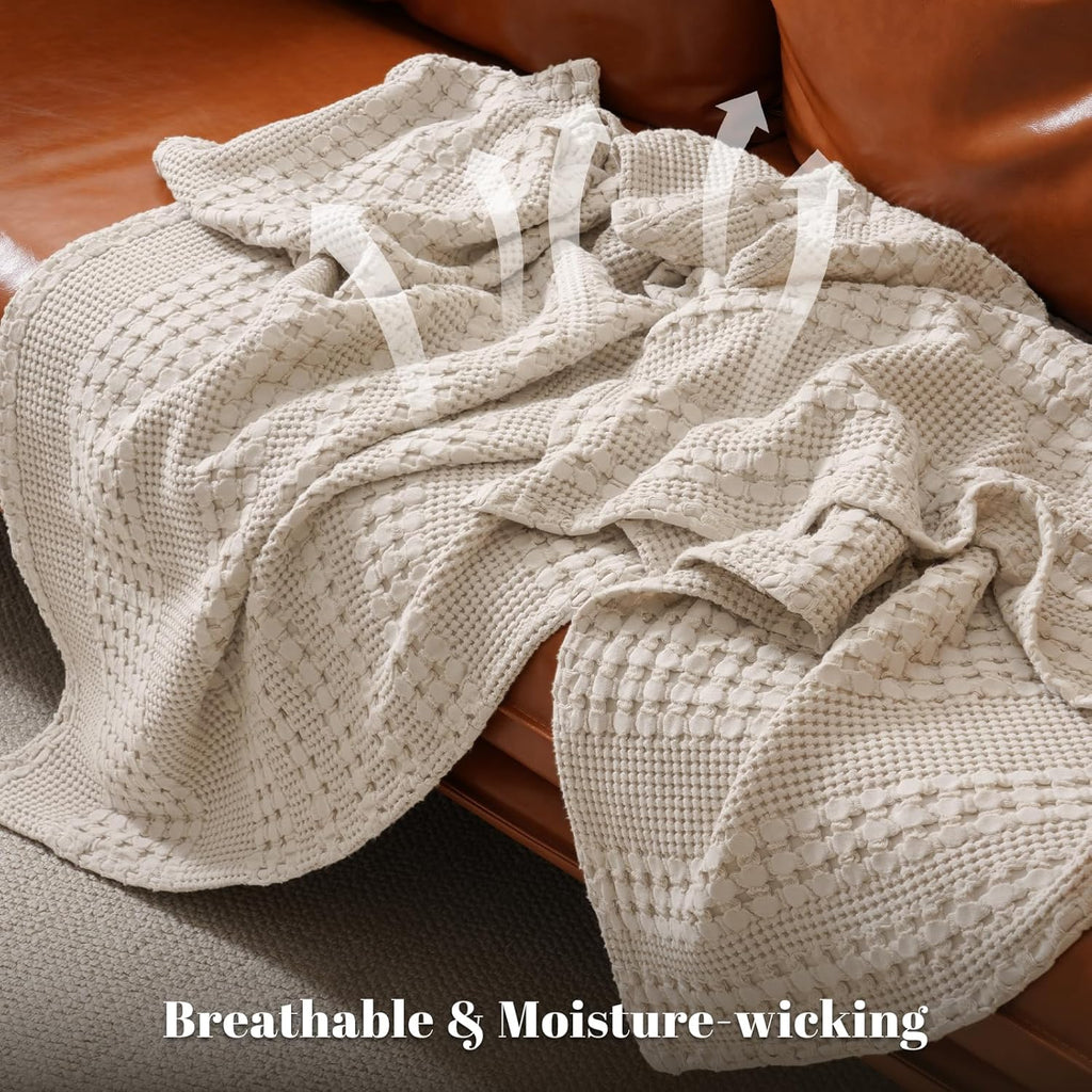 100% Cotton Waffle Throw Blanket, Lightweight Breathable and Soft for Summer, Luxury Aesthetic Waffle Weave Blanket