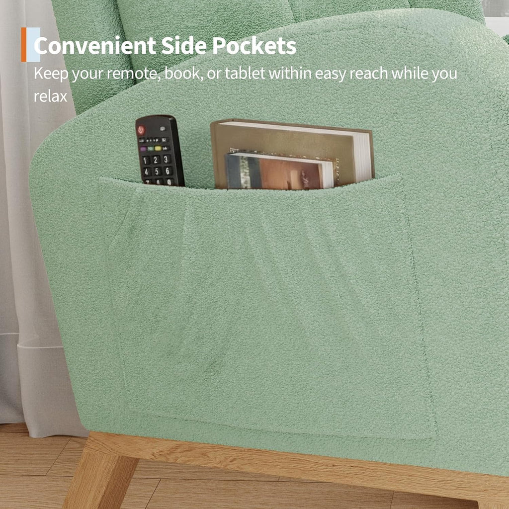 Modern Rocking Chair -Green | Comfortable Recliner Rocker with Side Pocket, Soft Linen Upholstered Glider Chair