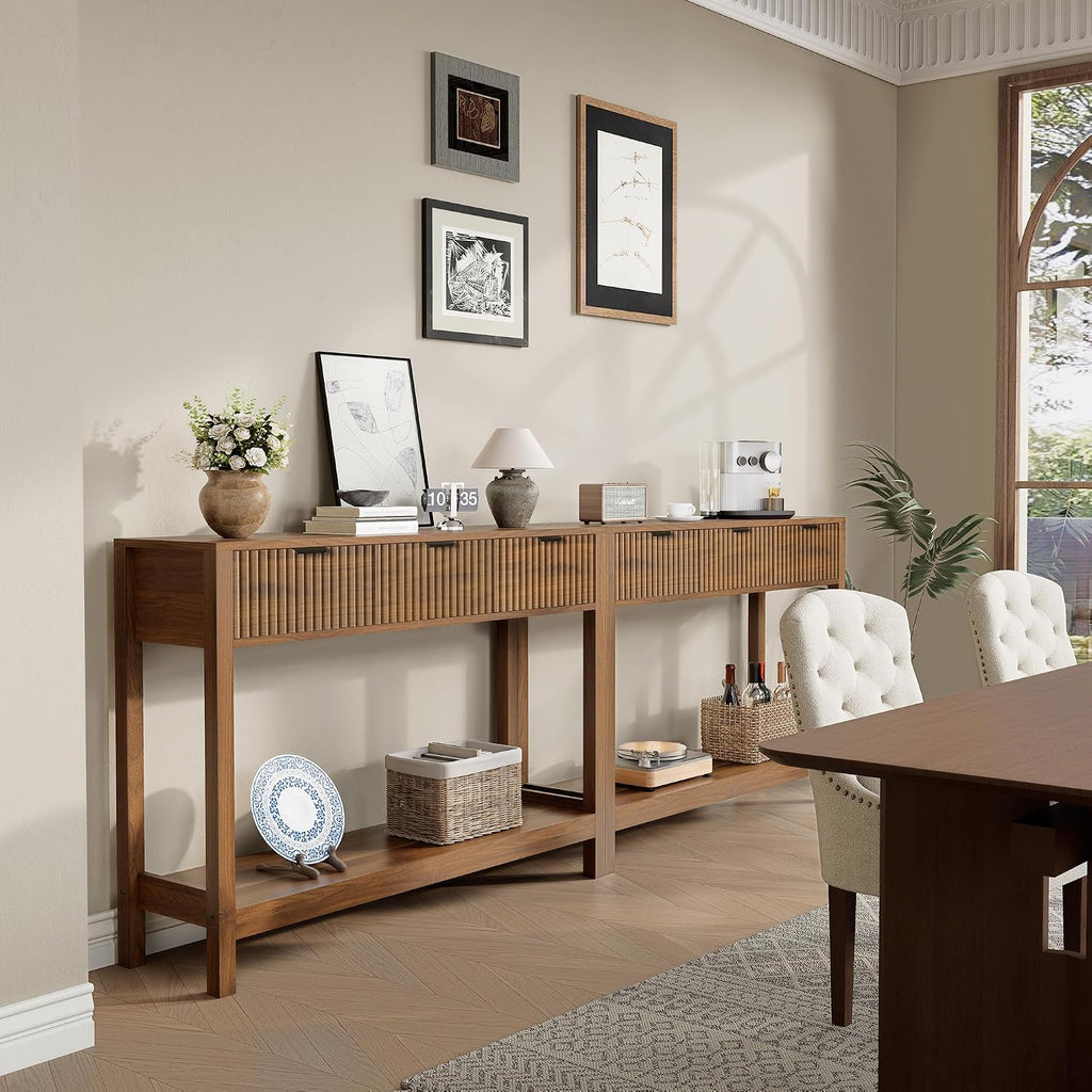 Fluted Console Table, Wooden Sofa Table with Storage and Drawers, Farmhouse Behind Couch Table Entryway Table for