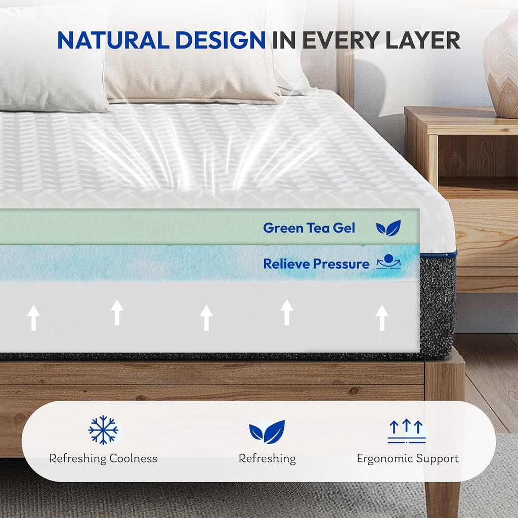 Queen Memory Foam Mattress, 12 Inch Queen Size Mattress in a Box, Green Tea Gel Infused Foam for Pressure Relief and