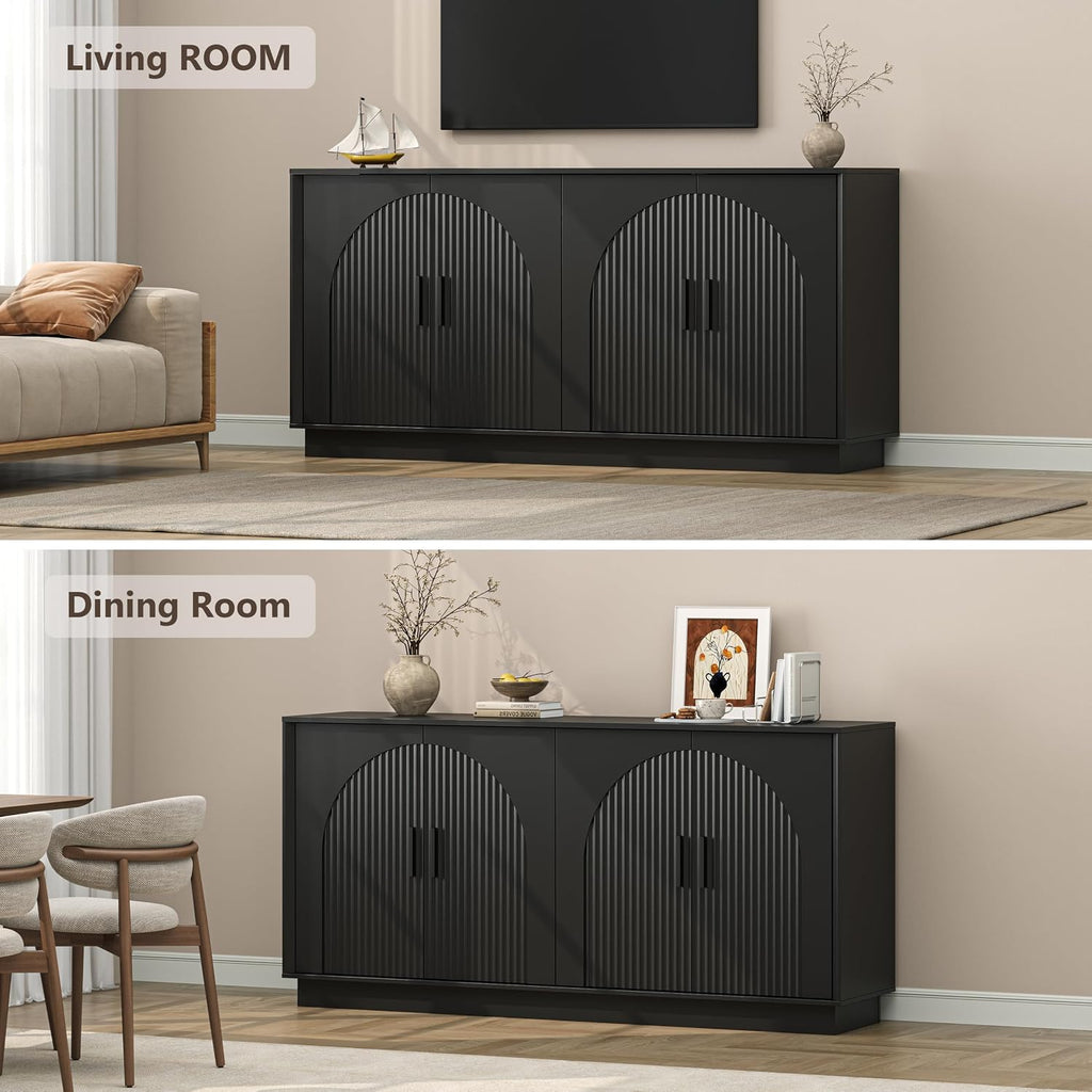 Buffet Cabinet with Storage, 65" W Fluted Sideboard Buffet Cabinet with Adjustable Shelves, Single-Box Modern Wood