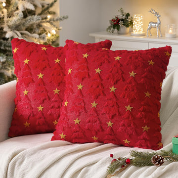Christmas Pillow Covers 18x18 Inch Set of 2, Red Christmas Tree Plush Faux Fur Pillowcases Soft Decorative Throw