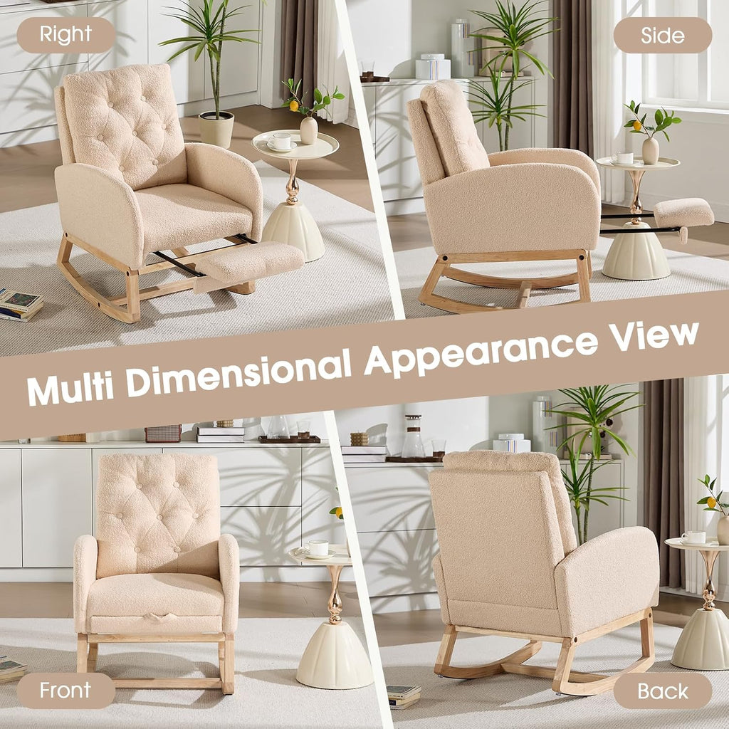 Modern Nursery Rocking Chair with Footrest, Teddy Upholstered Recliner Glider Chair with Diamond Shape Back, Tufted