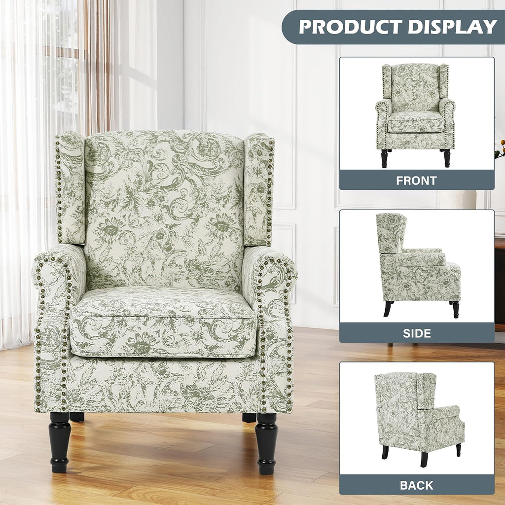 Floral High Back Accent Chairs Set of 2, Wingback Armchair in Fabric | Printed Upholstered Reading Seat with