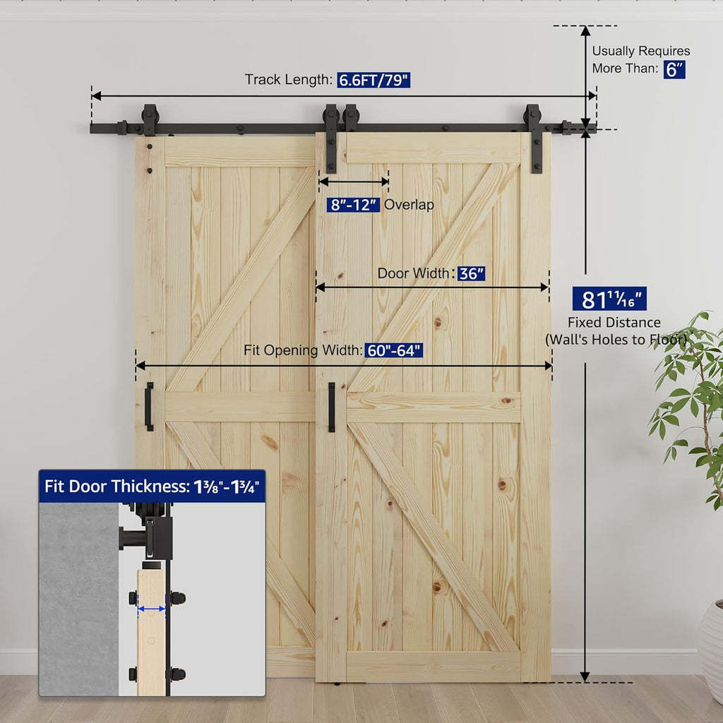 Double 36"x80" Bypass Barn Door with 6.6FT Track Hardware Kit Included, Unfinished Solid Wood, DIY S