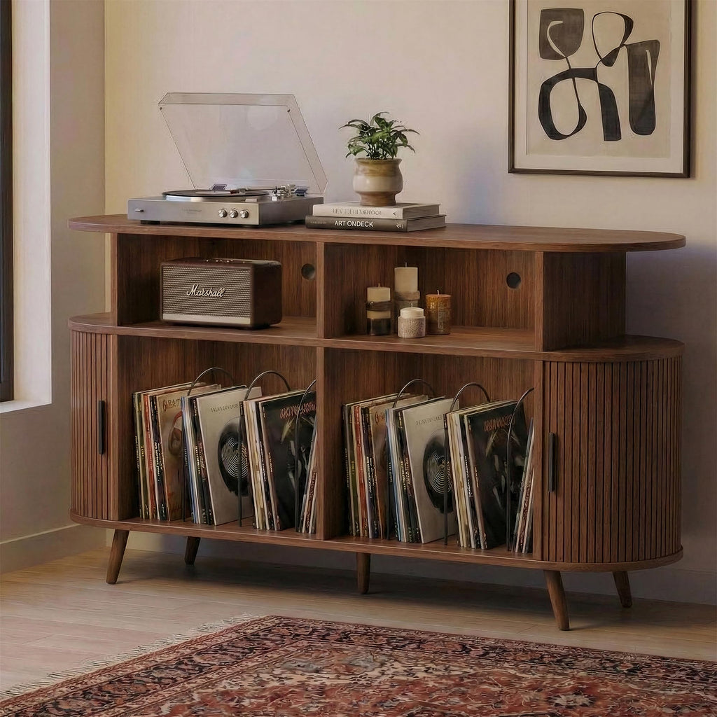 Large Record Player Stand with Storage, Media Stereo Shelf Charging, Walnut