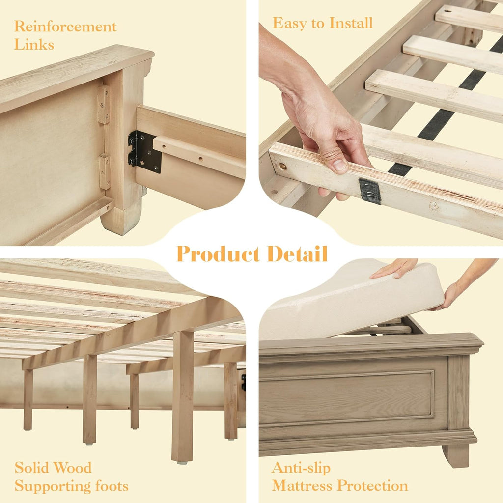 Solid Pine Wood Queen Bed Frame with 69" High Upholstered Headboard, Transitional Style Platform Bed, No Box Spring