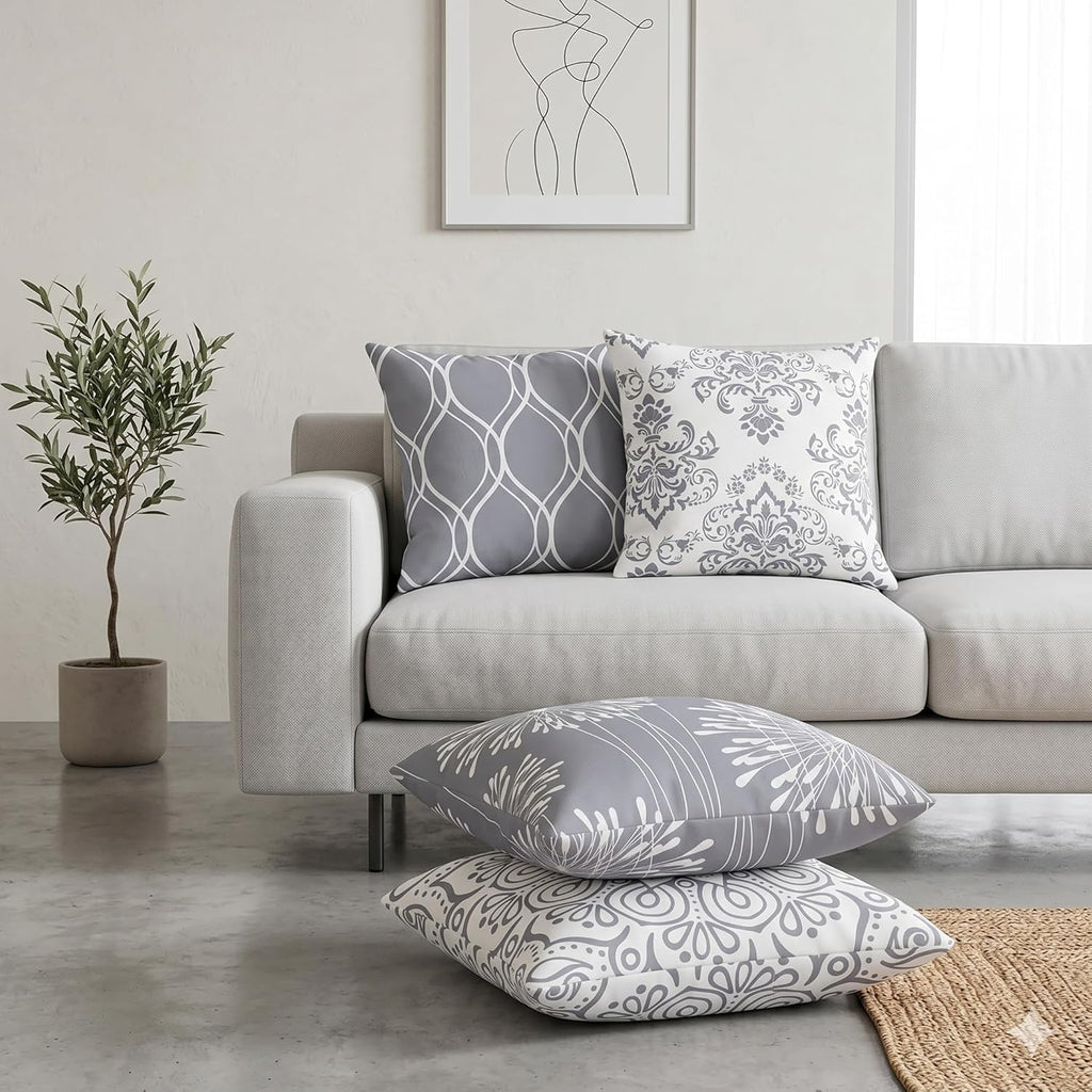 Decorative Throw Pillow Covers 18x18 Set of 4, Grey and White Modern Simple Square Pillow Case Cushion Cover, 18" x18")