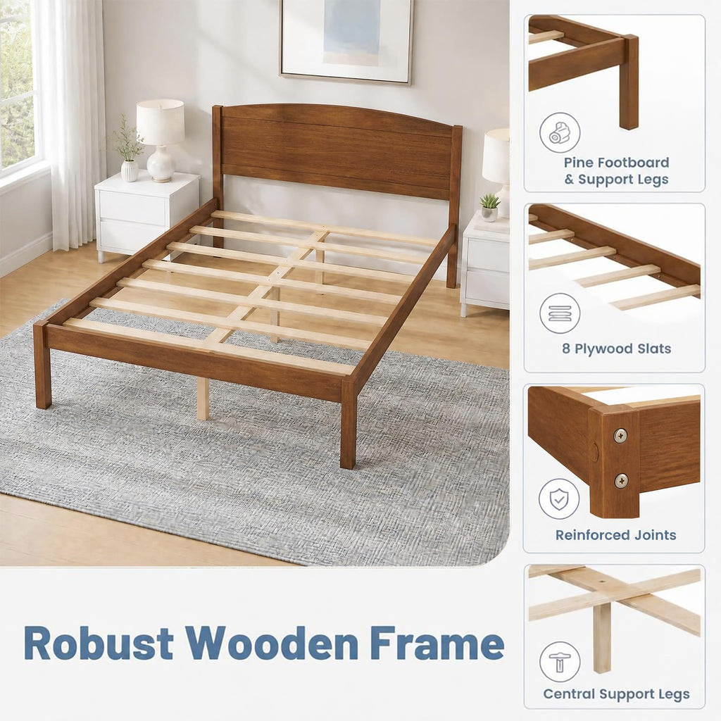 Full Size Bed Frame, Wooden Platform Bed with Curved Headboard