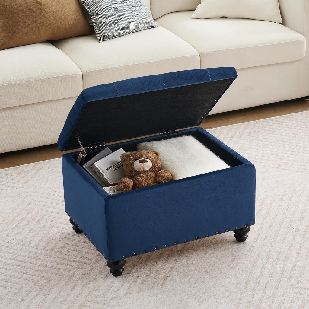 Velvet Storage Ottoman Bench, Button Tufted Ottoman with Hidden Storage, Upholstered Foot Rest Stool with Solid Wood
