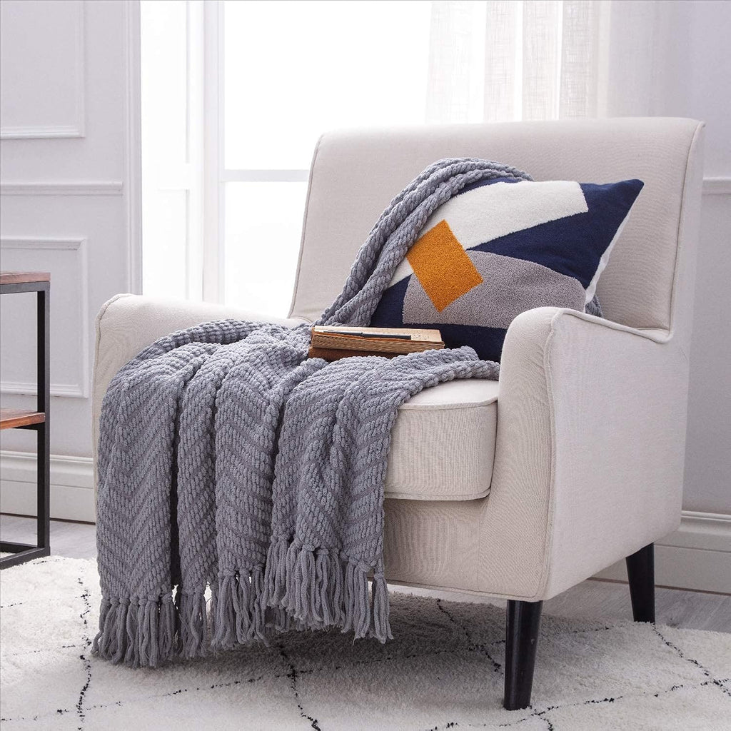 Throw Blankets, Warm Decorative Boho Throw with Tassels, Grey, 50x60 Inches