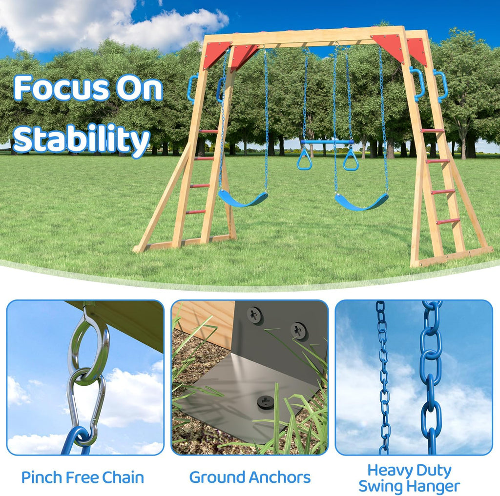 Wooden Swing Sets with Monkey Bar, Outdoor Playset for Kids with Trapeze Swing Bar and 2 Belt Swings, Heavy Duty