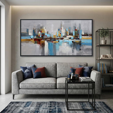Large Blue Gold Abstract Wall Art,City Skyline Canvas Wall Decor Print,Modern Minimalist Cityscape Painting