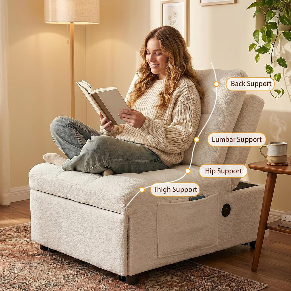 Convertible Sleeper Chair Bed with USB Charging Port, Adjustable Teddy Fabric Sofa Chair Bed with Side Storage