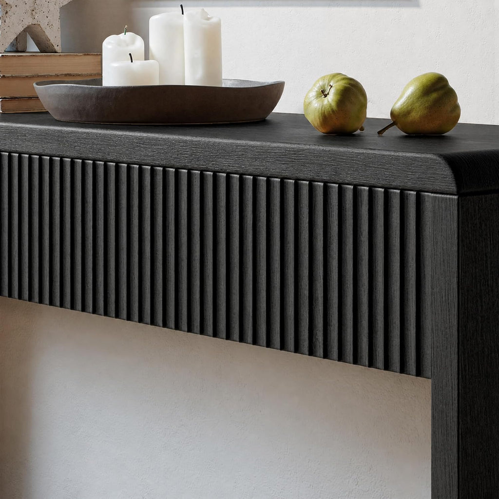 59'' Charcoal Black Entryway Table with Drawers, Fluted Console Table, Mid Century Modern Sofa Table with Storage