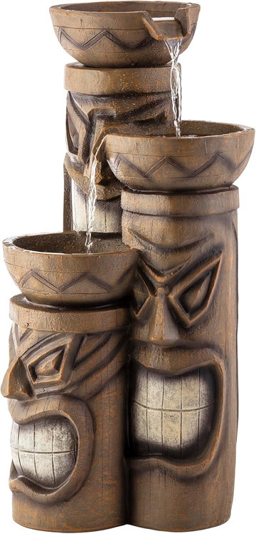 29"H Outdoor 3-Tiered Tiki Head Bowl Waterfall Floor Fountain with Cool White LED Lights, Brown