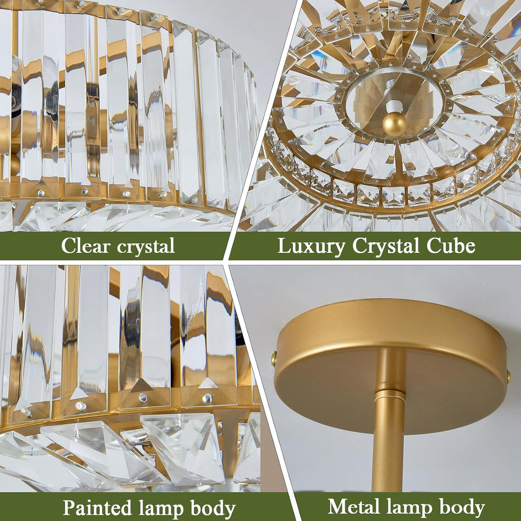 4 Lights Modern Crystal Chandelier Gold Round Semi Flush Mount Ceiling Light Fixture Farmhouse Chandelier for Dining