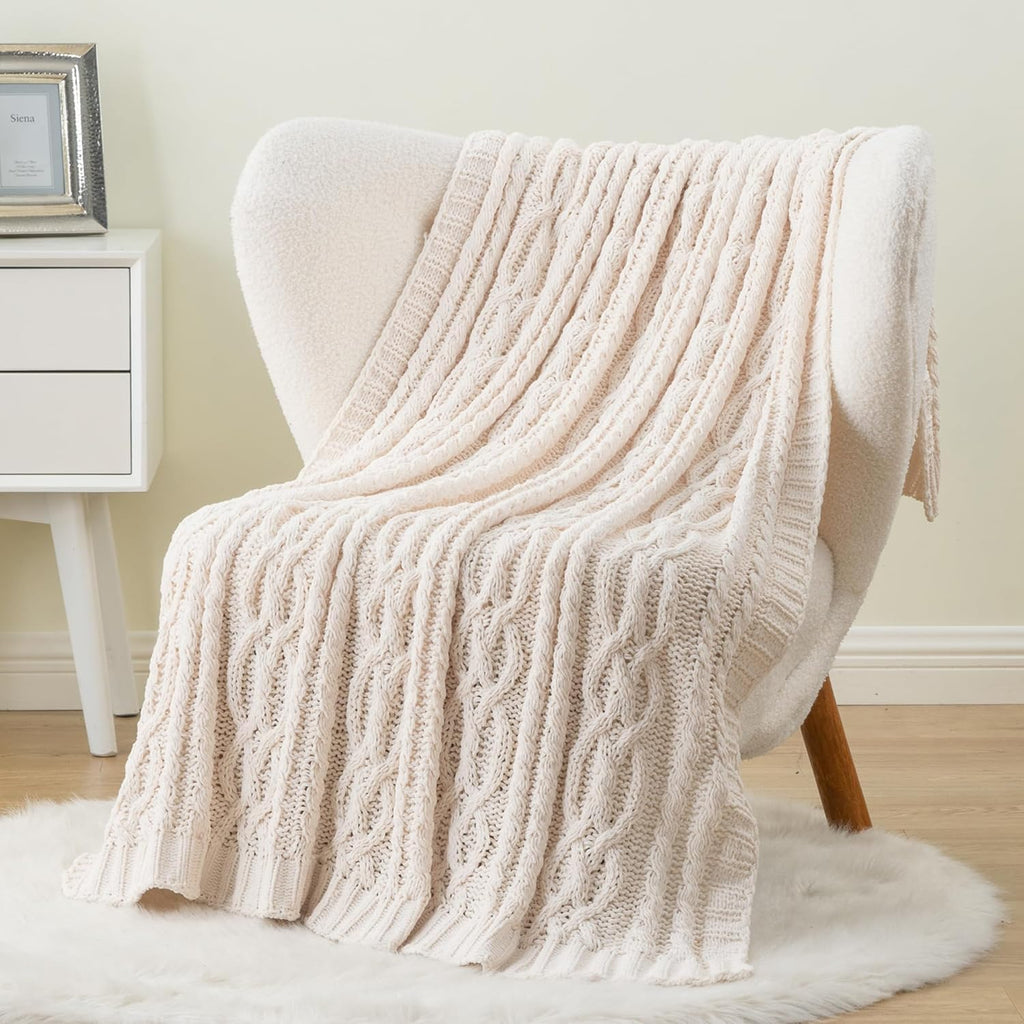 Cream White Ivory Throw Blanket, 51x 67 Inch, Woven Chenille Knit Throw Blanket for Chair, Super Soft Warm Decorative