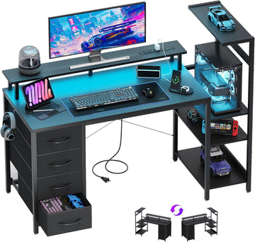 51 Inch Gaming Desk with Drawers & PC Tower Stand & LED Lights, Black | Reversible, Monitor Shelf, Power Outlets