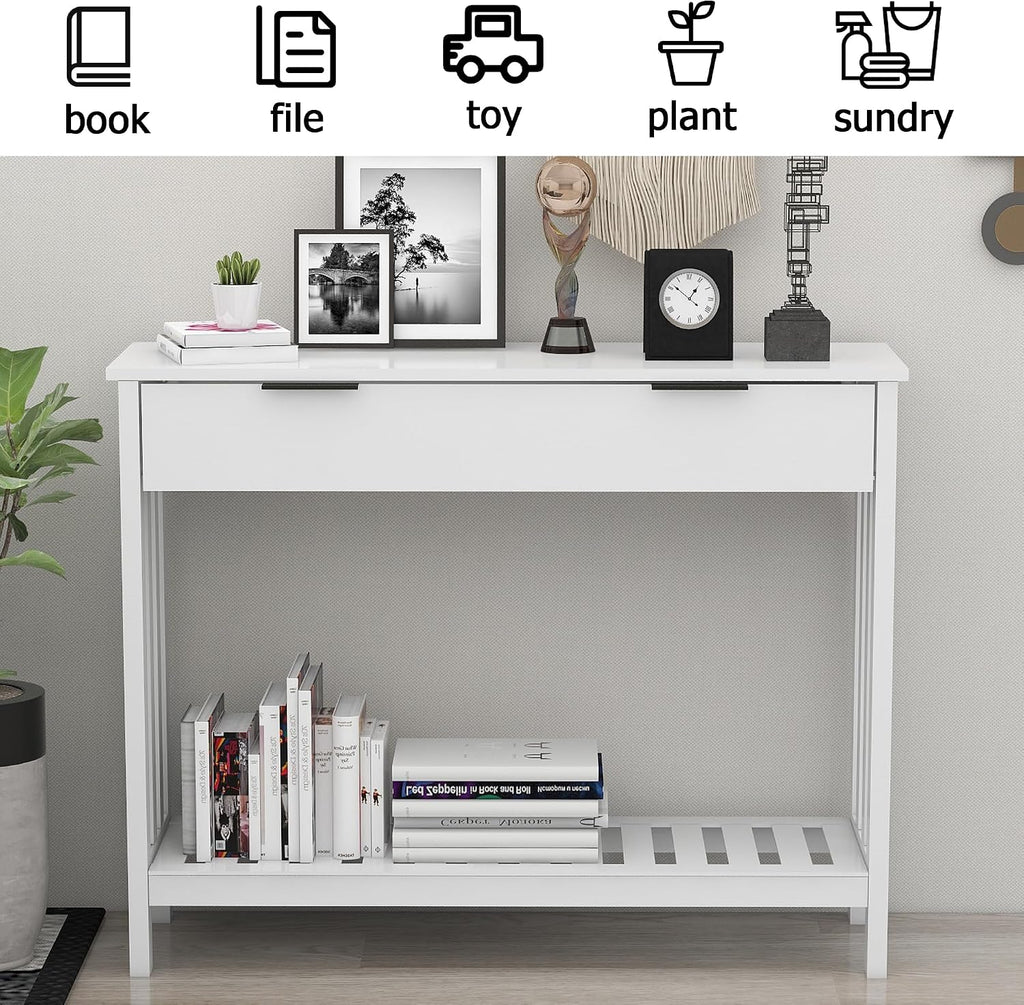 White Narrow Console Table with Drawer Storage Shelf, Modern Wooden Entryway Sofa Table, 39 Inch Slim Behind Couch