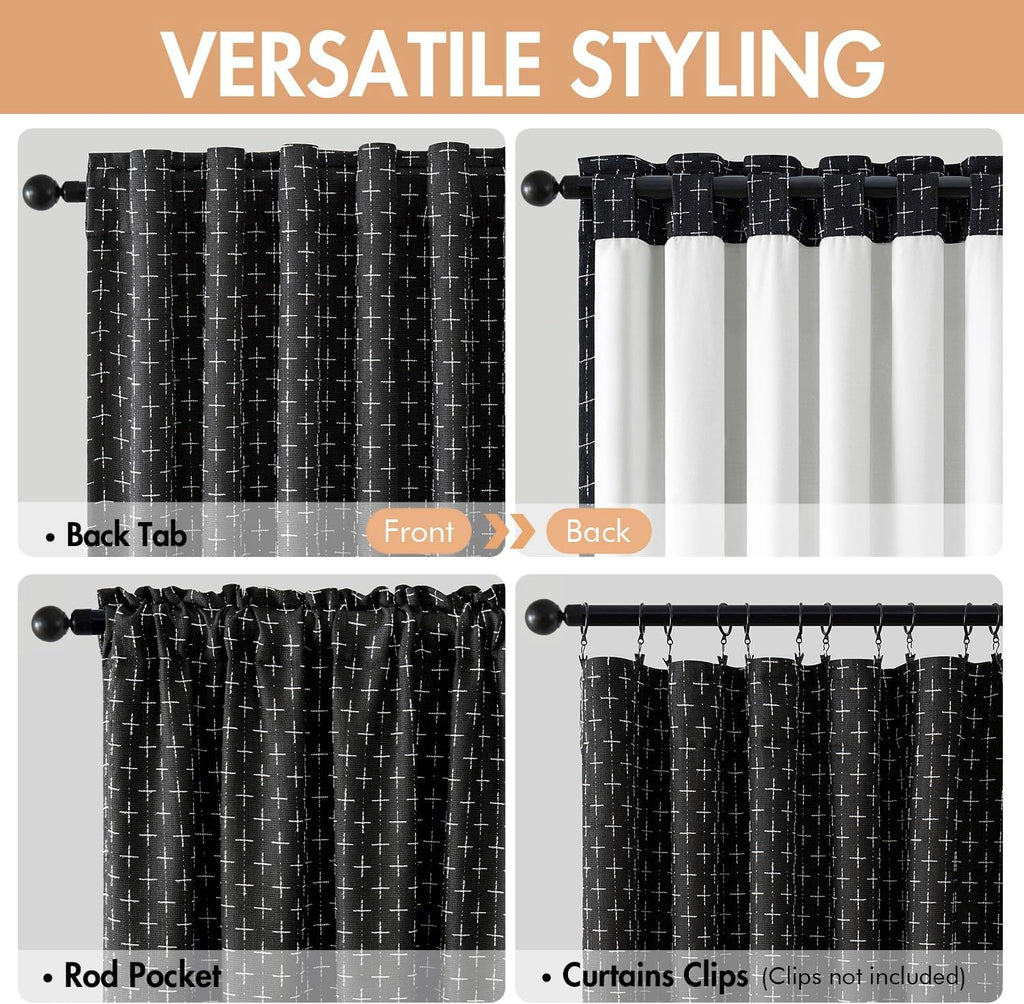 100% Blackout Decorative Linen Curtains with Geometric Pattern, Thick Woven Farmhouse Rustic Patterned Drapes with Back Tab for Bedroom and Living Room, Black, 2 Panels