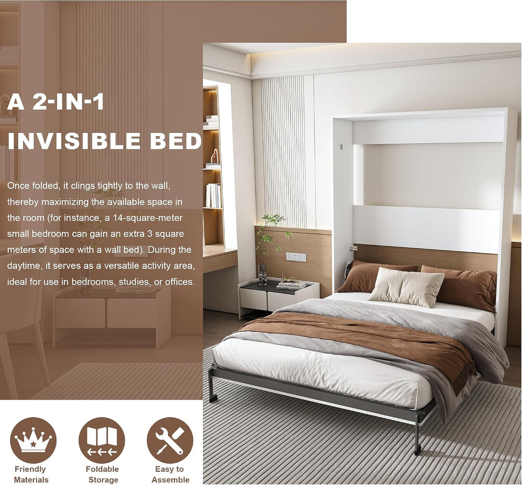 Queen Murphy Bed Chest, Space Saving Folding Cabinet Wall Bed Frame, Foldable Hideaway Cabinets Platform Beds Frames