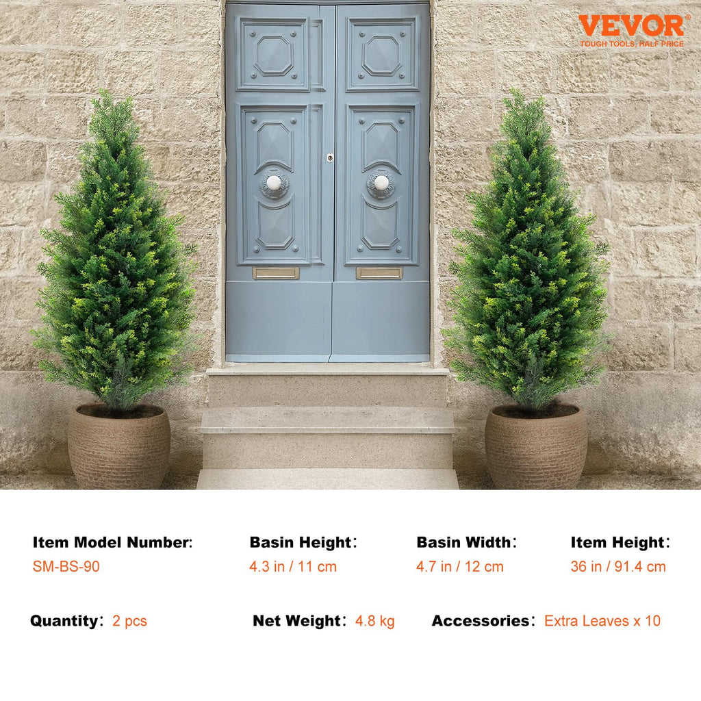 Artificial Cedar Topiary Tree, 36 inch Tall (2 Pieces), with Extra Leaves & Pot Faux Evergreen Fake Pine Cypress