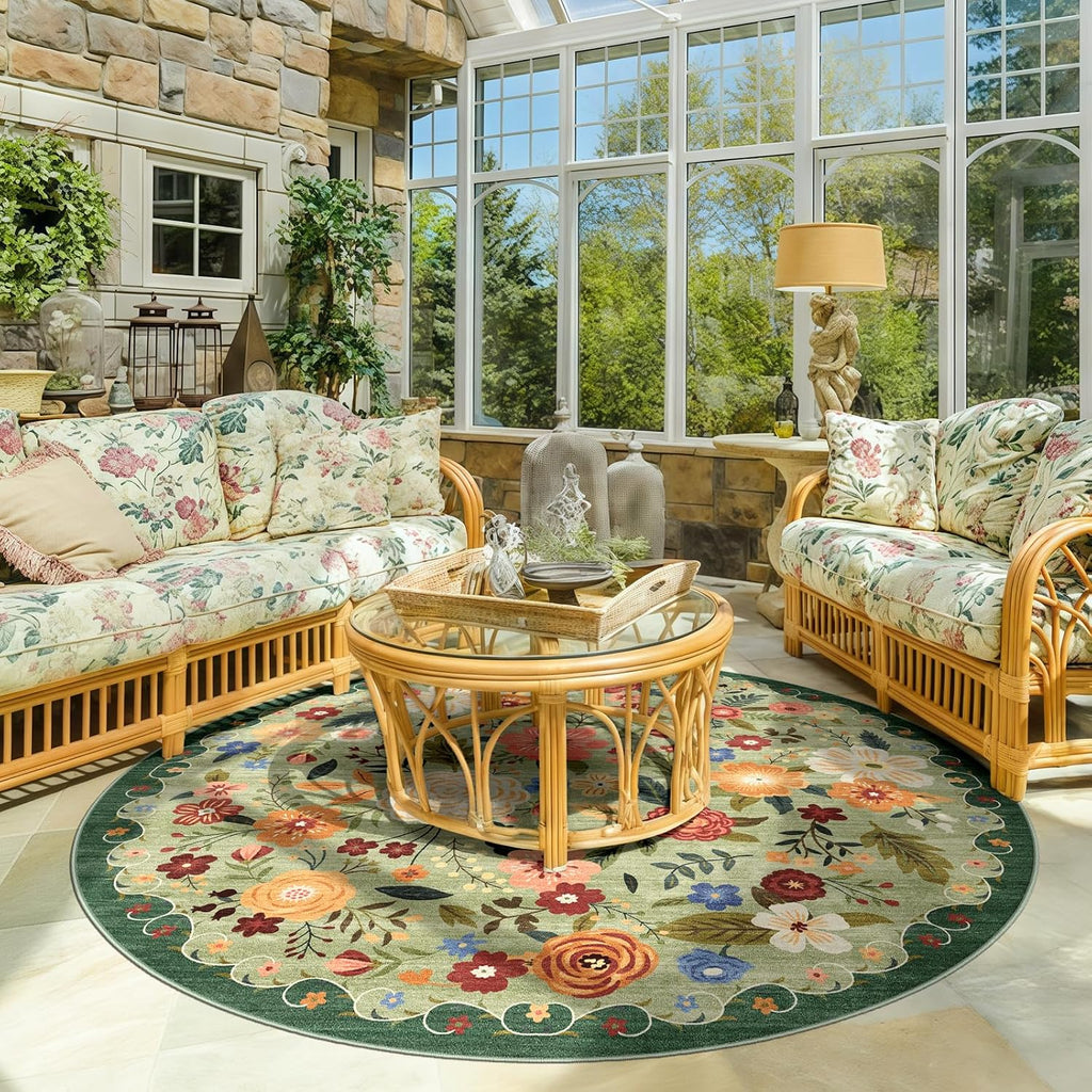 6ft Round Washable Area Rug Green Boho Floral Bedroom