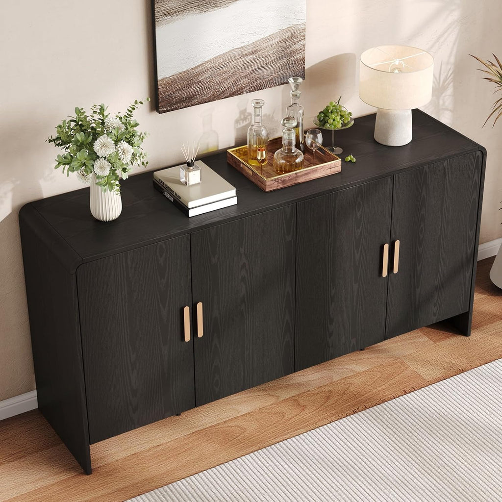 60" Sideboard Buffet Cabinet, Large Curved Design Storage Cabinet with 4 Doors & 2 Adjustable Shelves, Sturdy Build